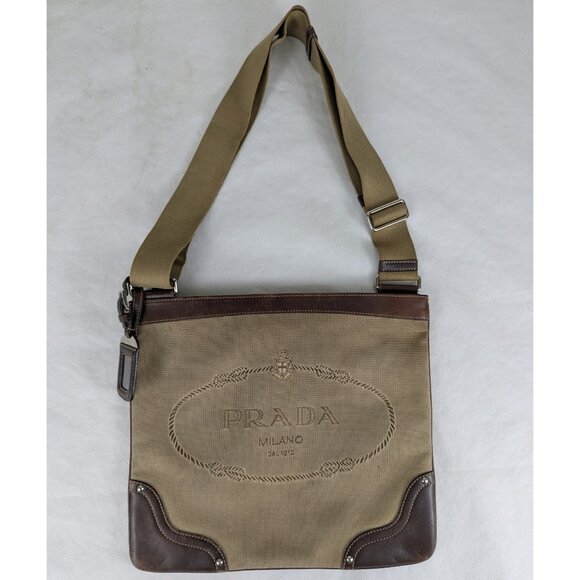 Prada Jacquard Logo Shoulder Bag Leather Canvas Brown Used Authentic F/Shipping - Picture 1 of 13